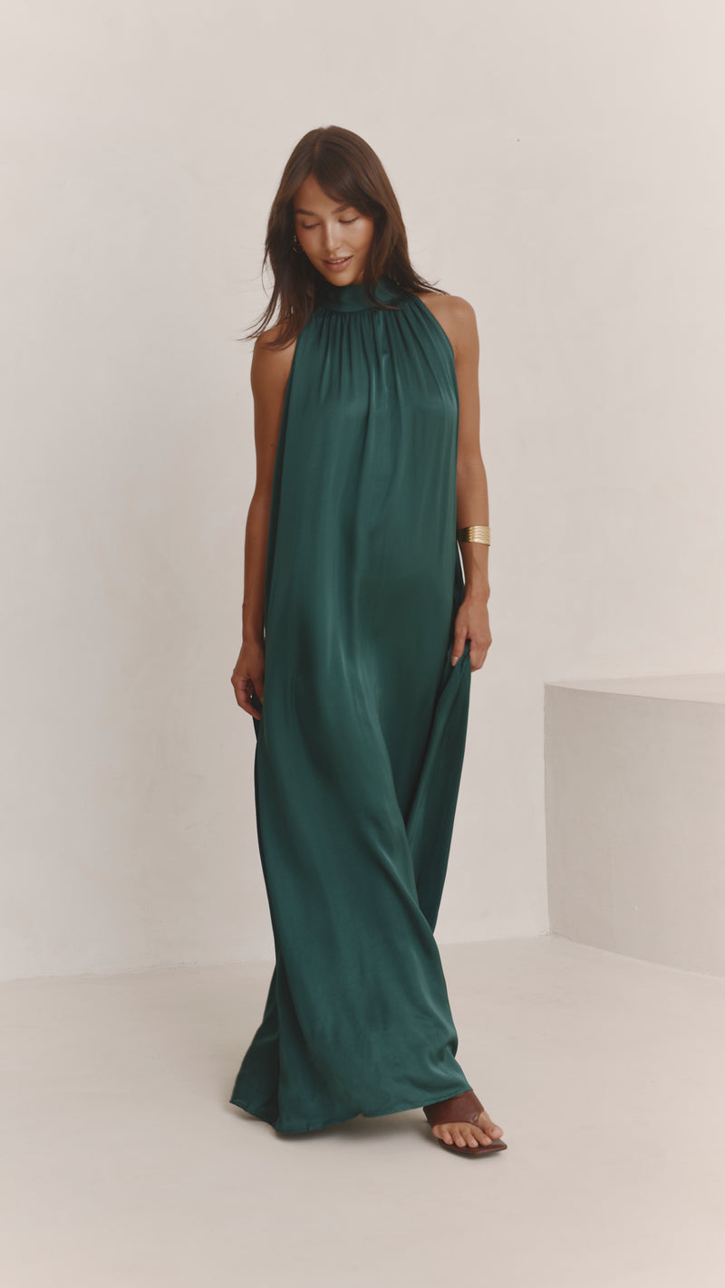 Everly Column Satin Dress - Emerald Green