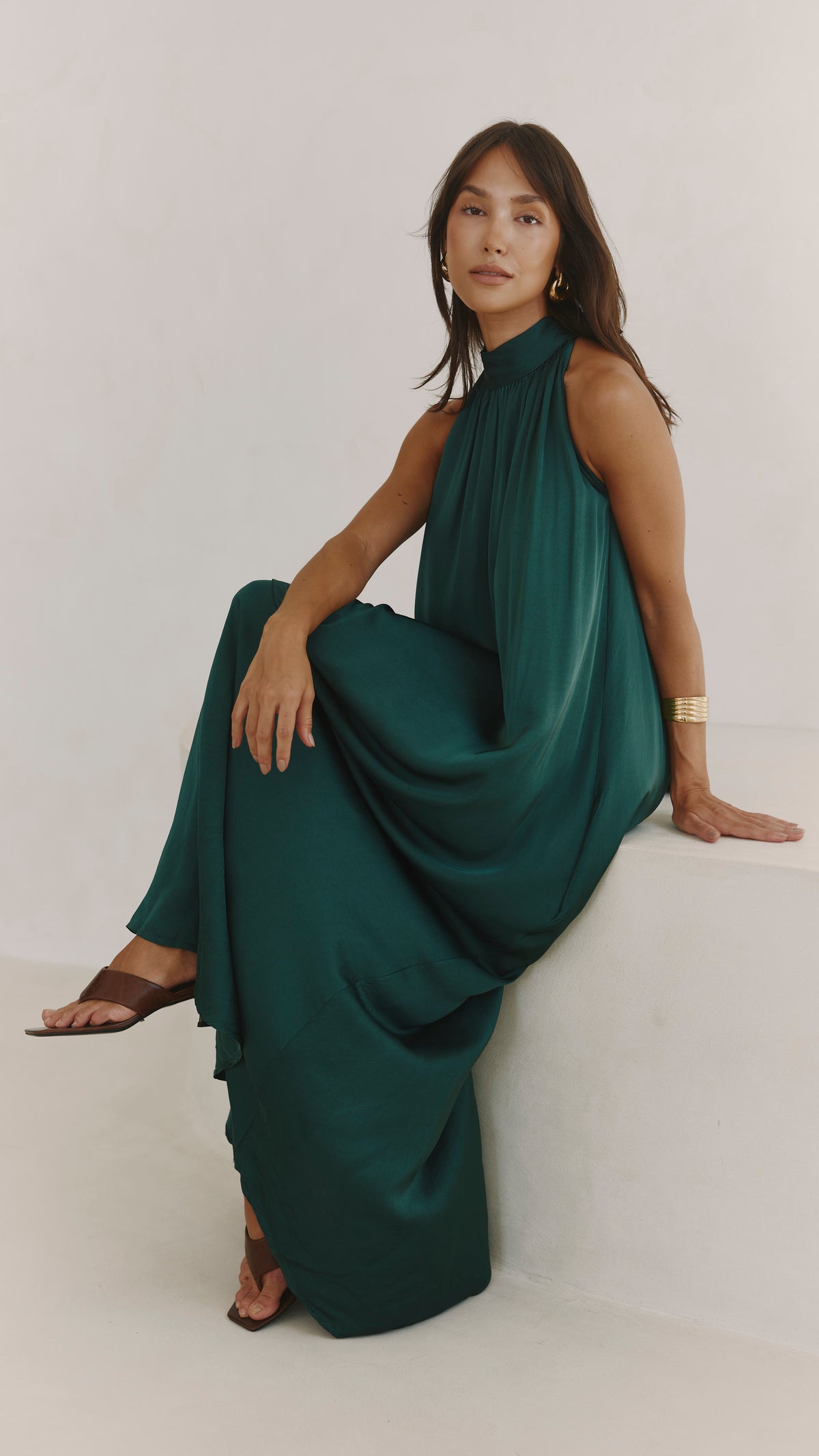 Everly Column Satin Dress - Emerald Green