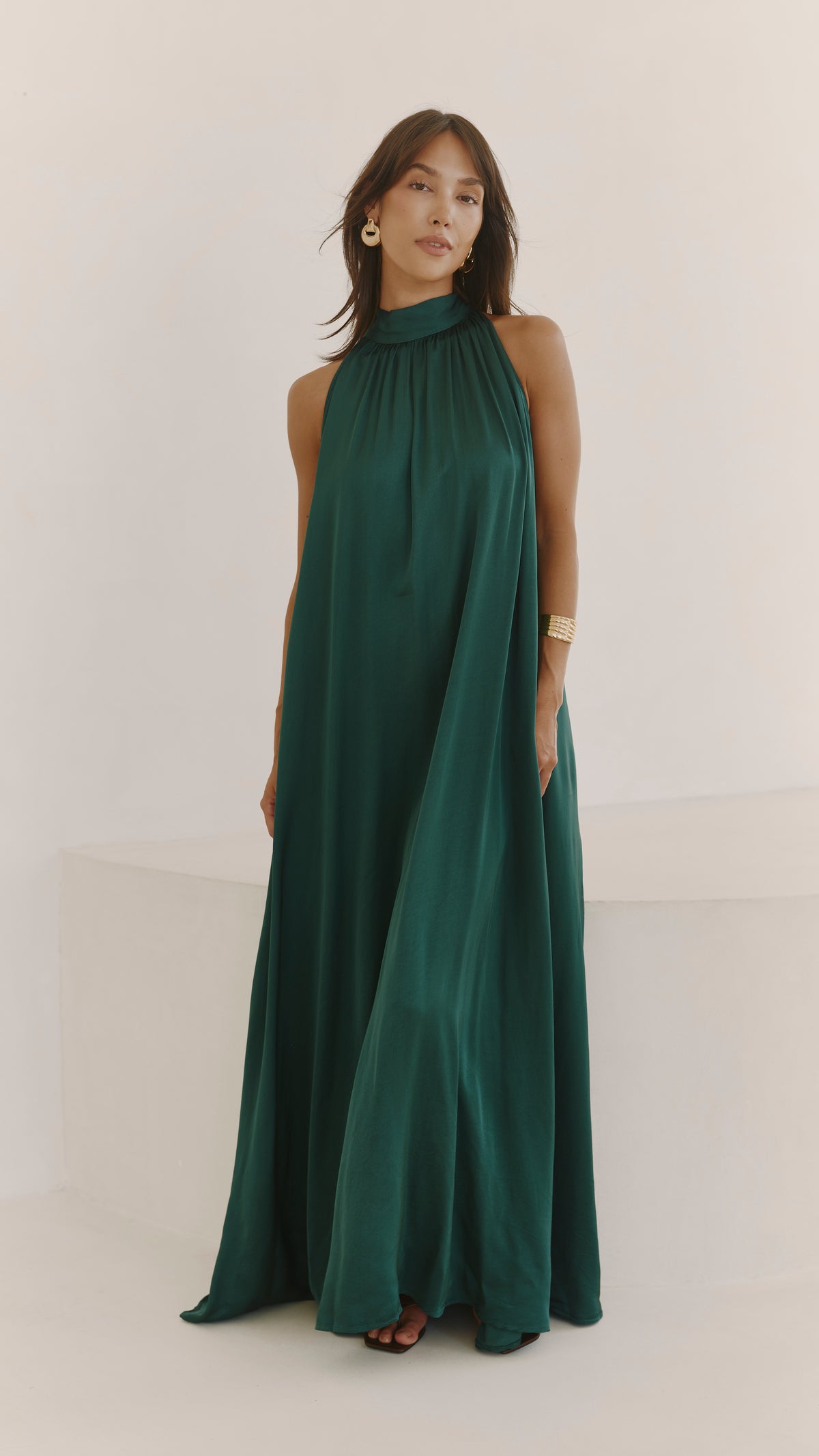 Everly Column Satin Dress - Emerald Green