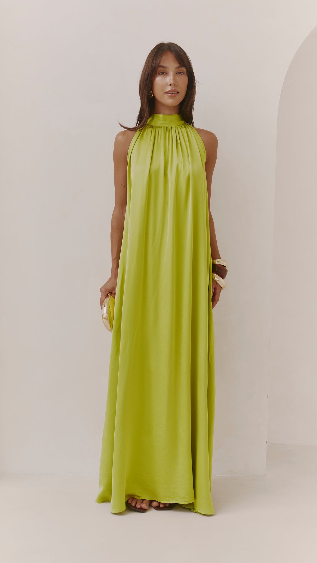 Everly Column Satin Dress - Chartreuse