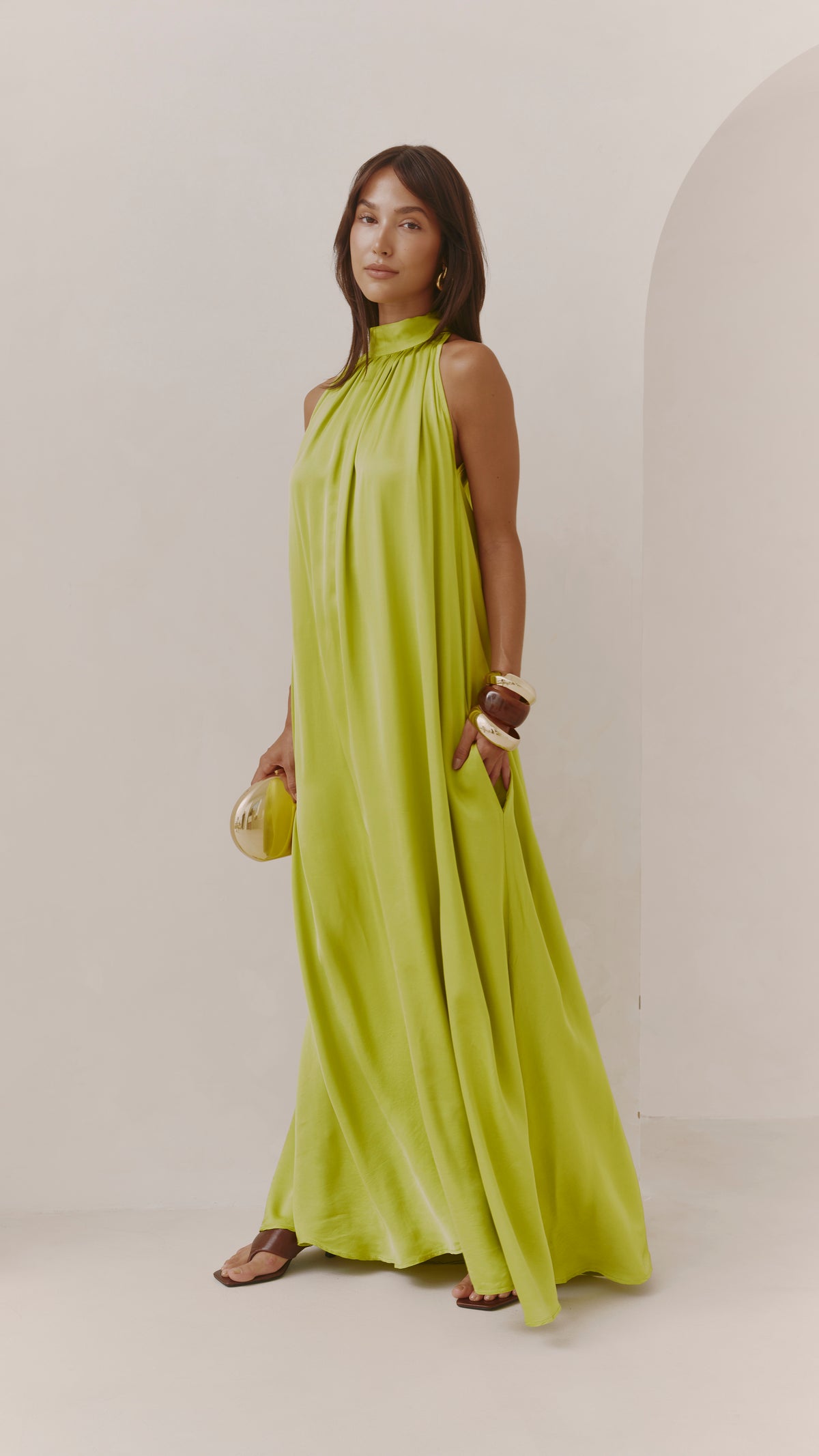 Everly Column Satin Dress - Chartreuse