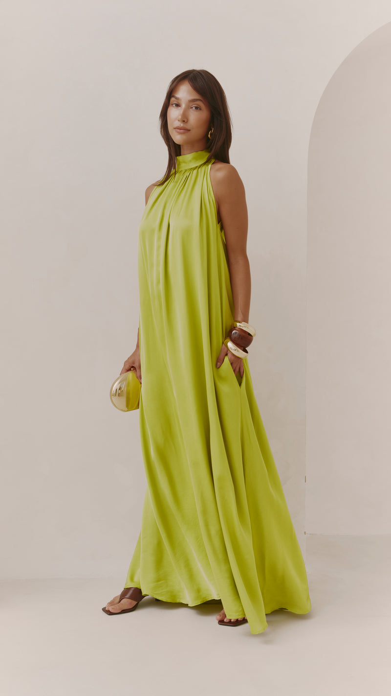 Everly Column Satin Dress - Chartreuse