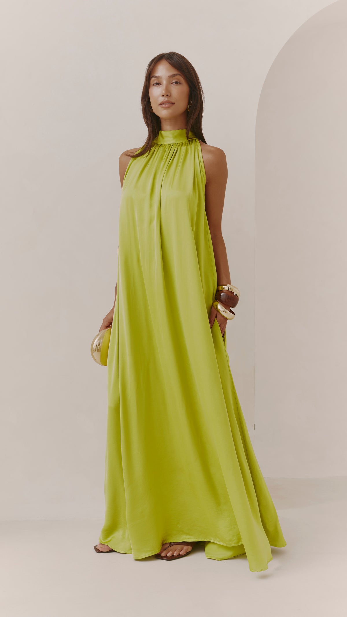Everly Column Satin Dress - Chartreuse