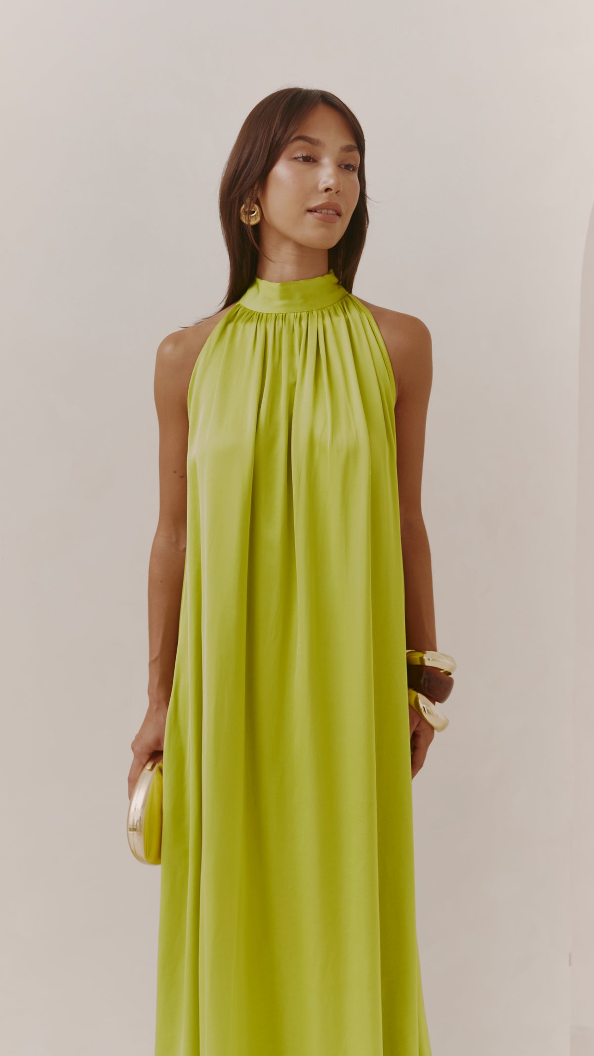 Everly Column Satin Dress - Chartreuse