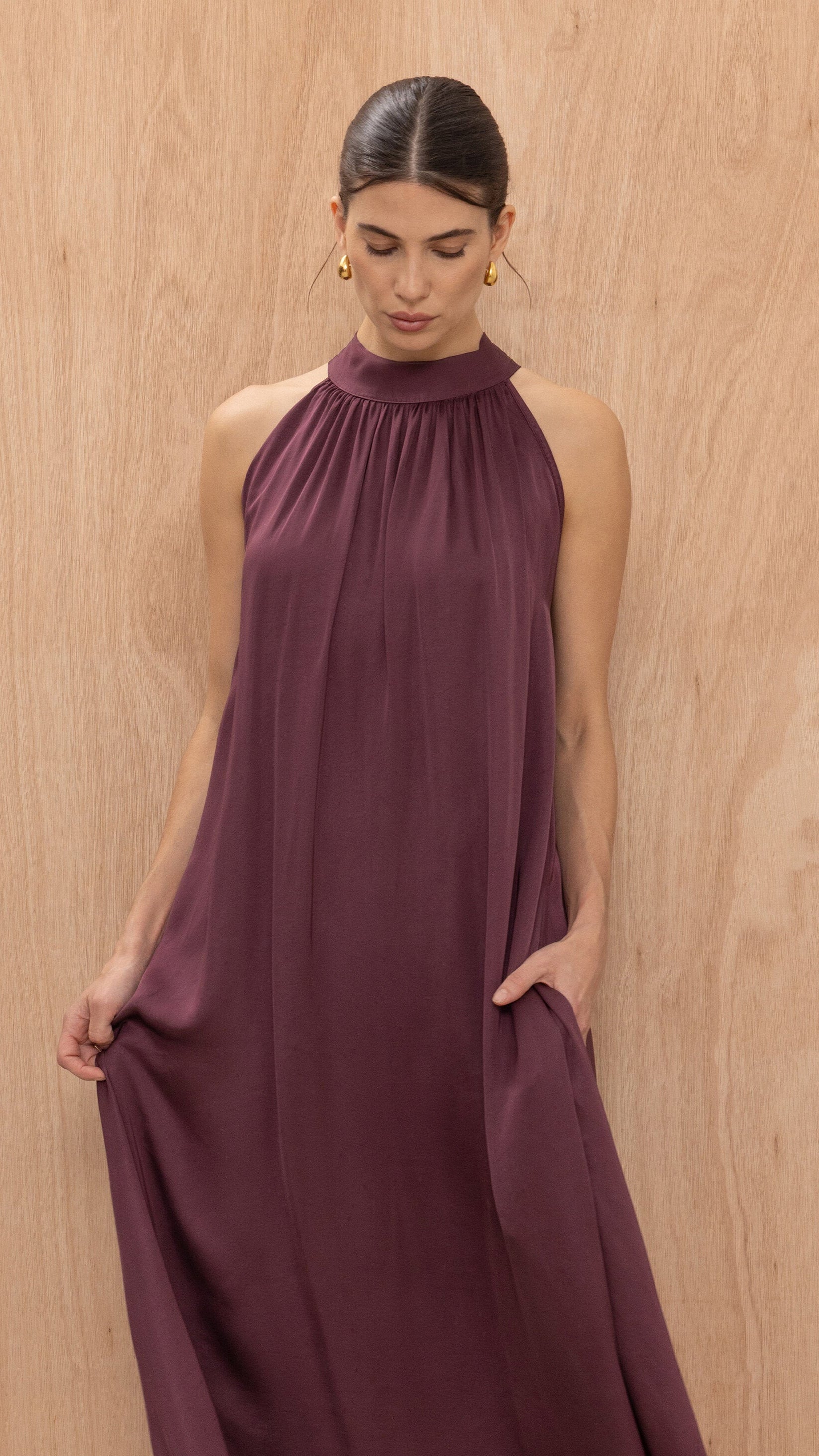 Everly Column Satin Dress - Burgundy