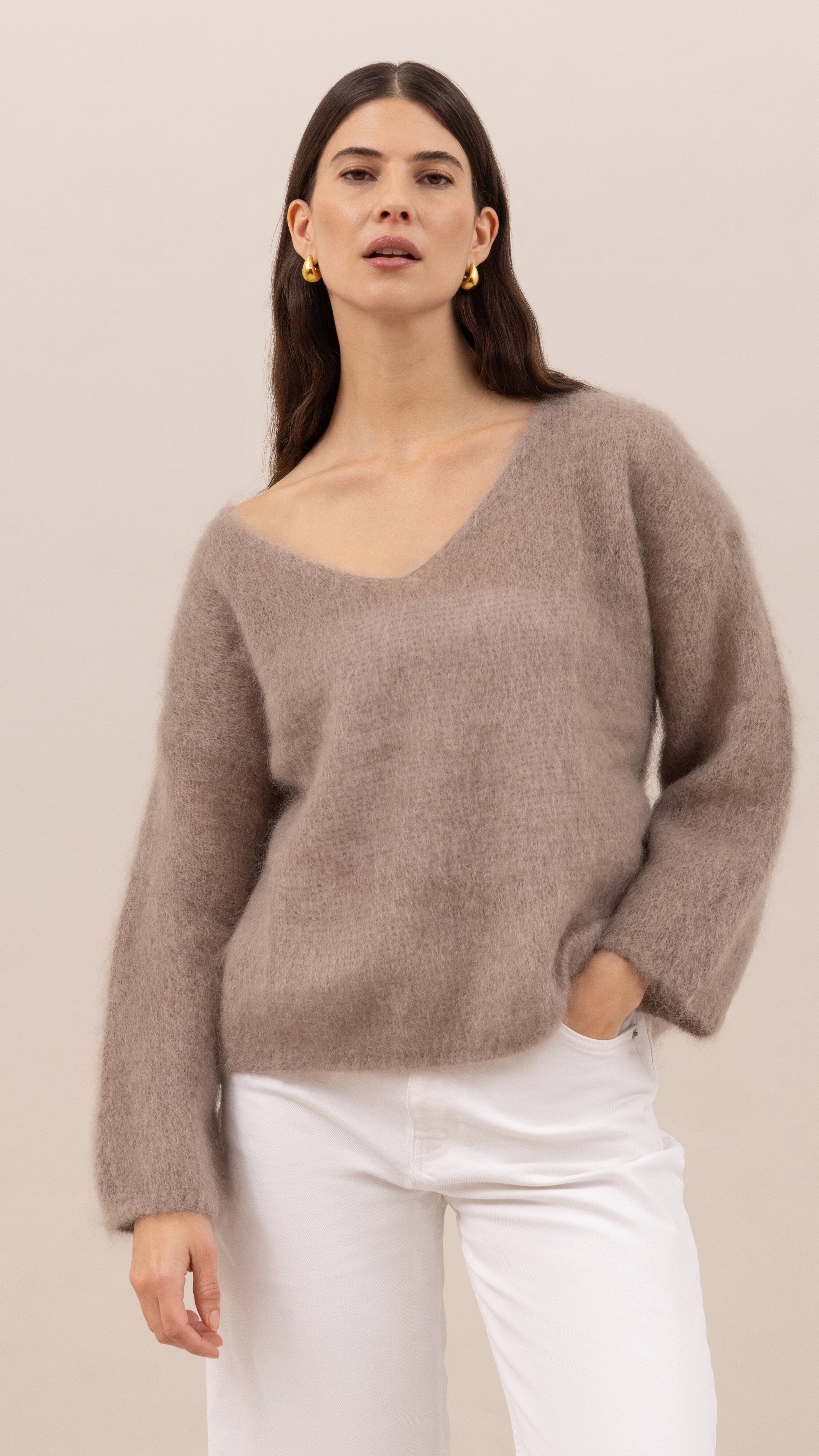 Tess Mohair V-Neck Sweater - Taupe