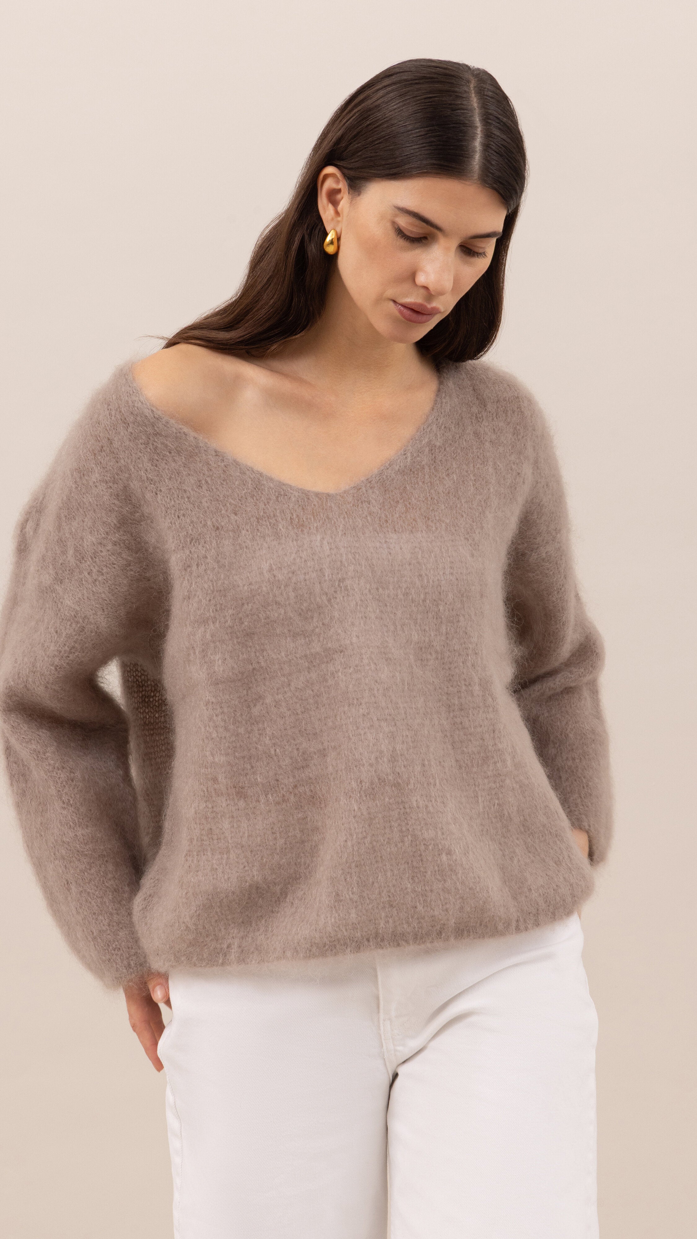 Tess Mohair V-Neck Sweater - Taupe