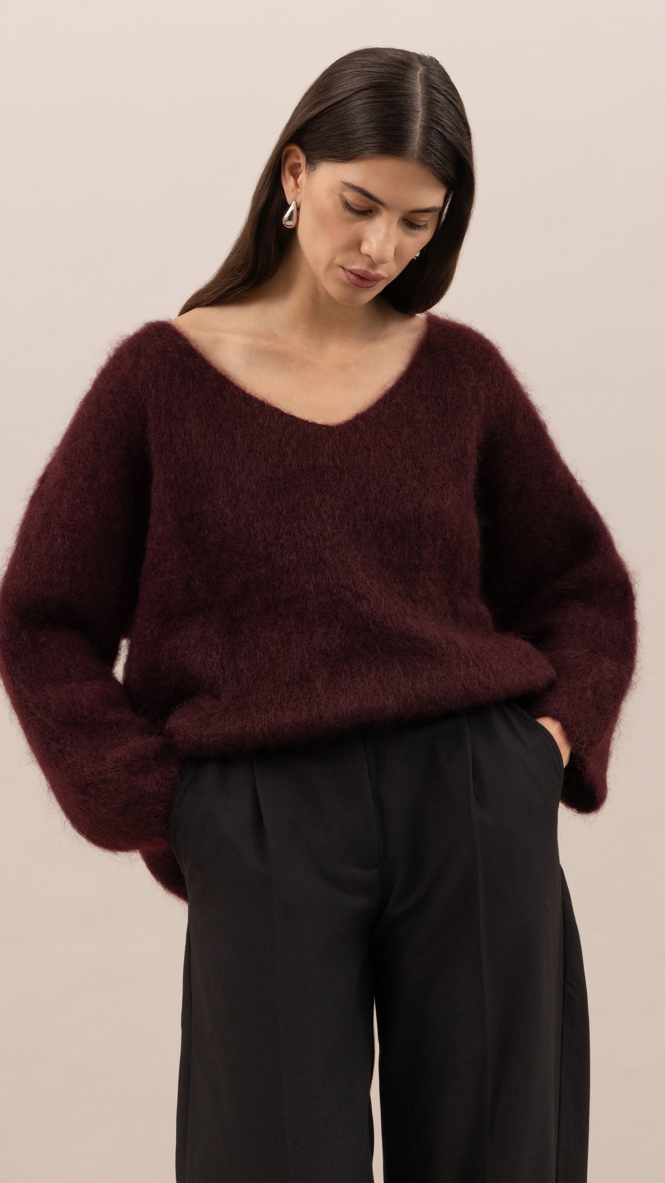Tess Mohair V-Neck Sweater - Wine