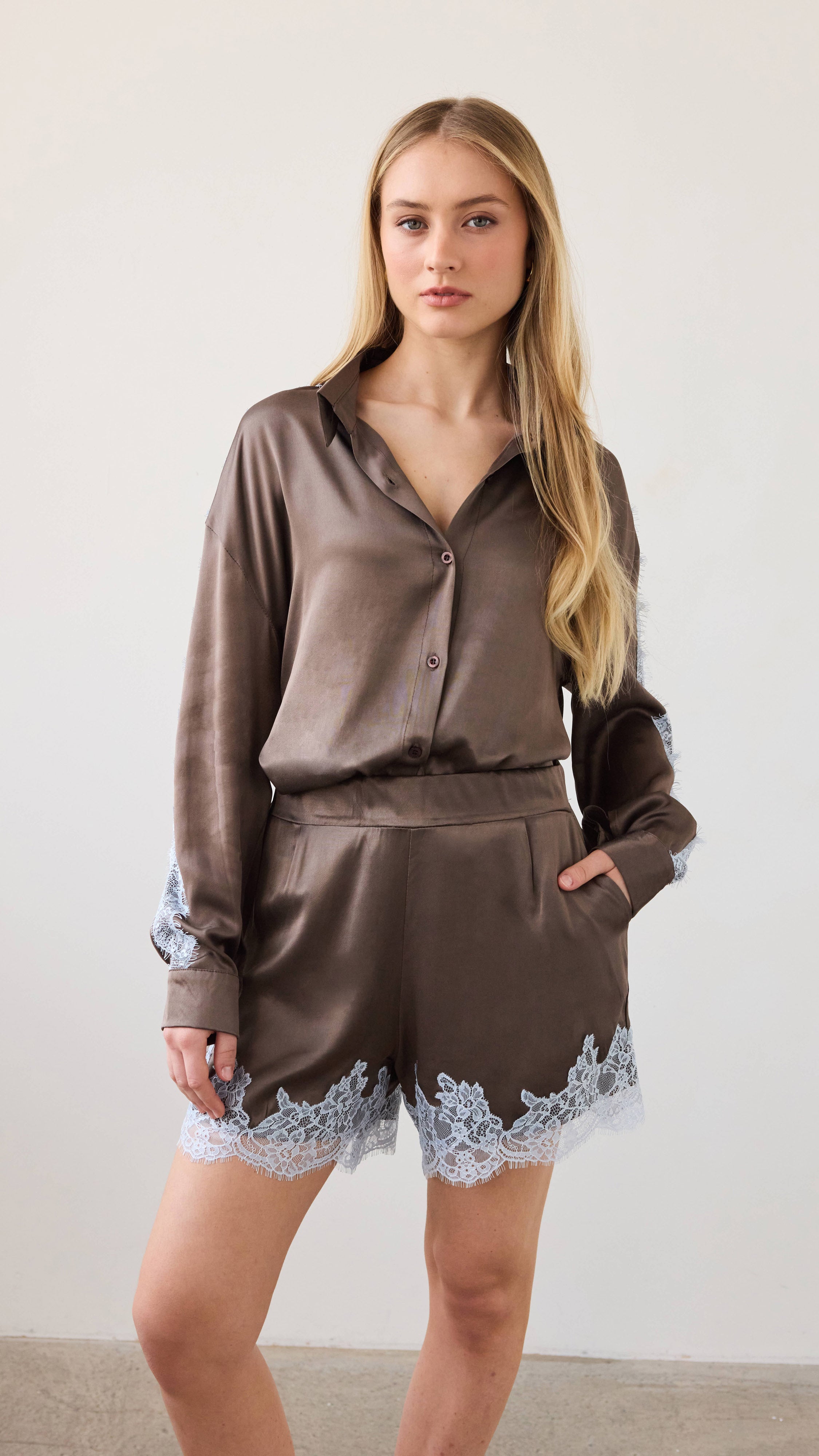 Cosima Satin Lace Shirt  - Chocolate