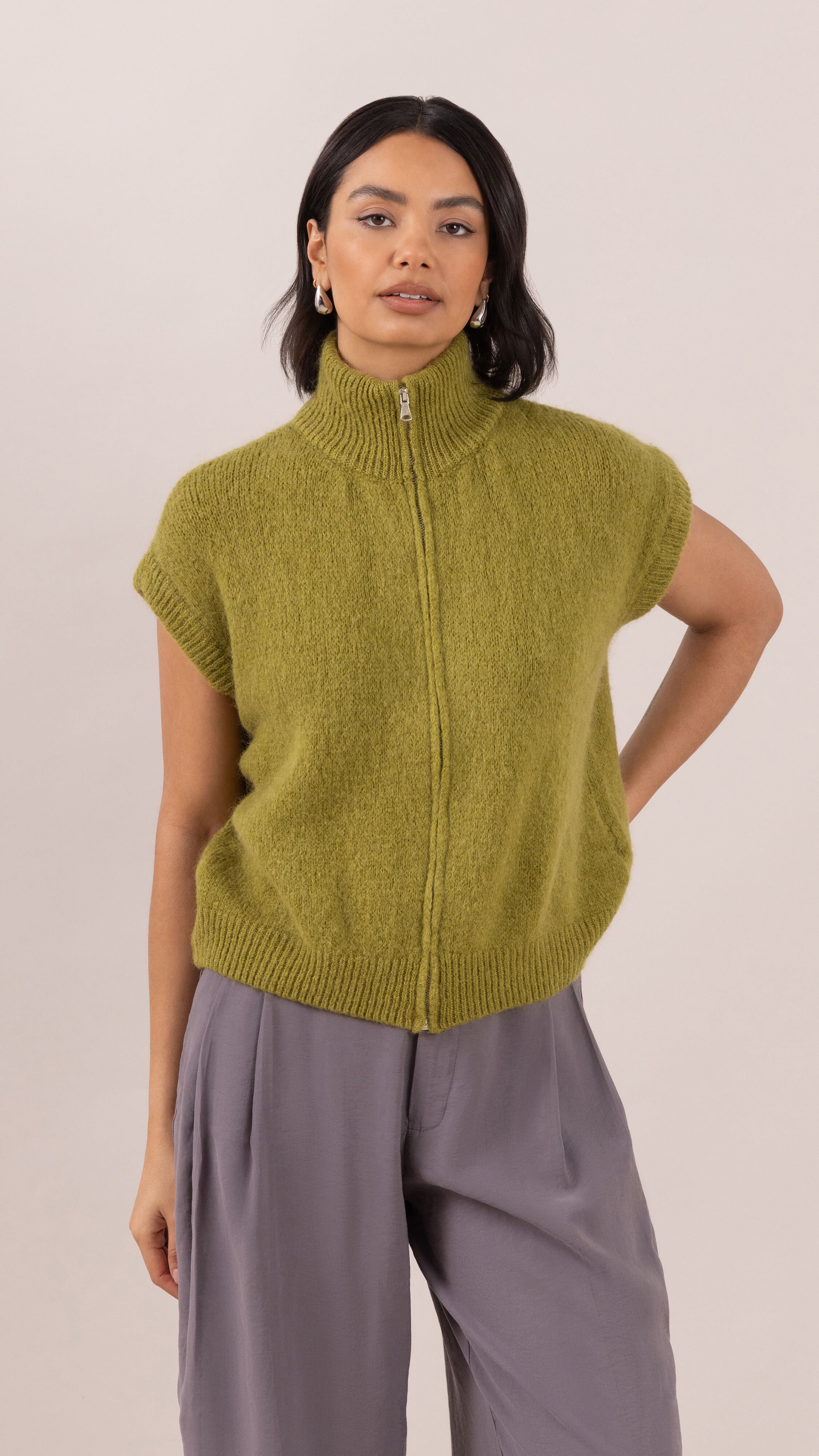 Leigh Sleeveless  Zip Cardigan - Olive Green