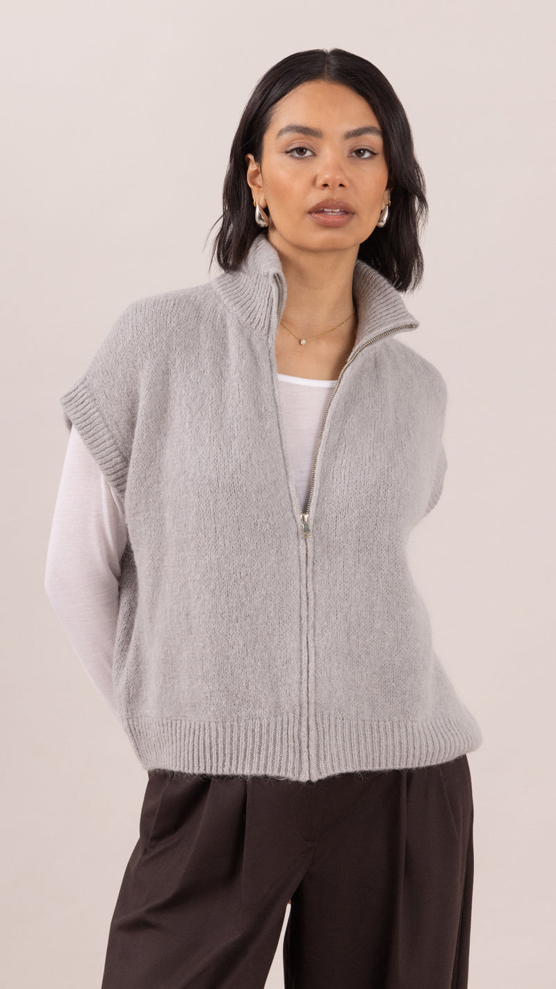 Leigh Sleeveless  Zip Cardigan - Silver Grey