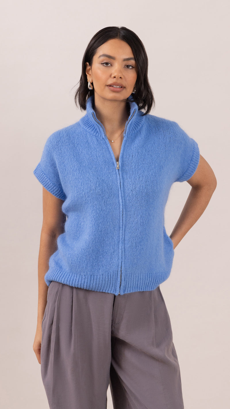 Leigh Sleeveless  Zip Cardigan - Sky Blue