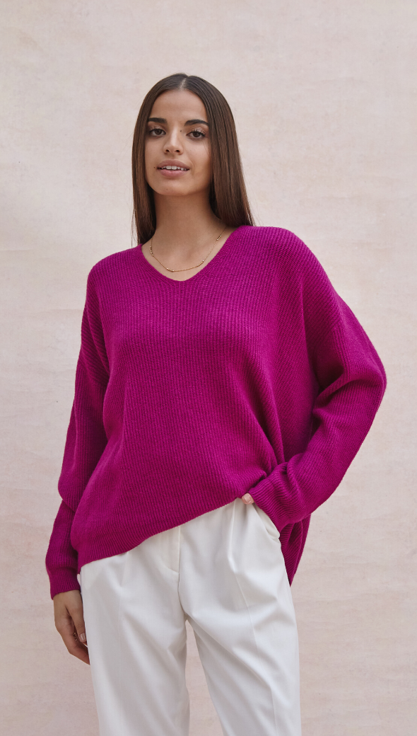 MARLIE V-NECK SWEATER - FUCHSIA