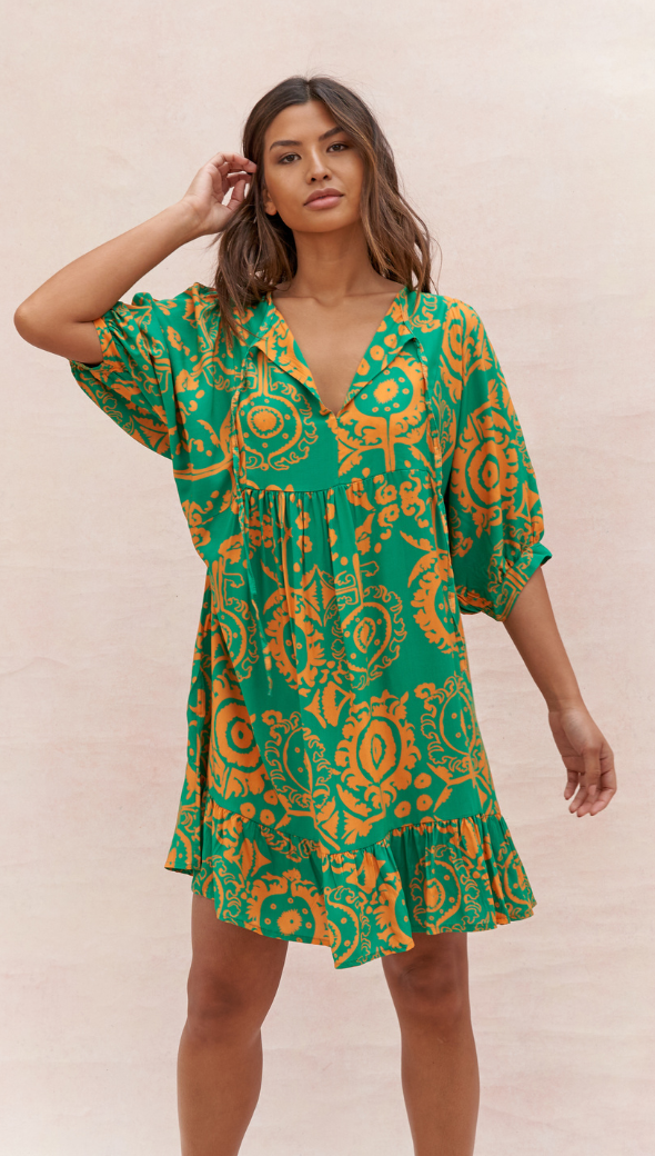 Michelle Dress - Green Orange Print