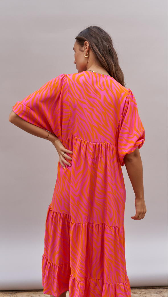 TEAGAN DRESS - PINK ORANGE PRINT