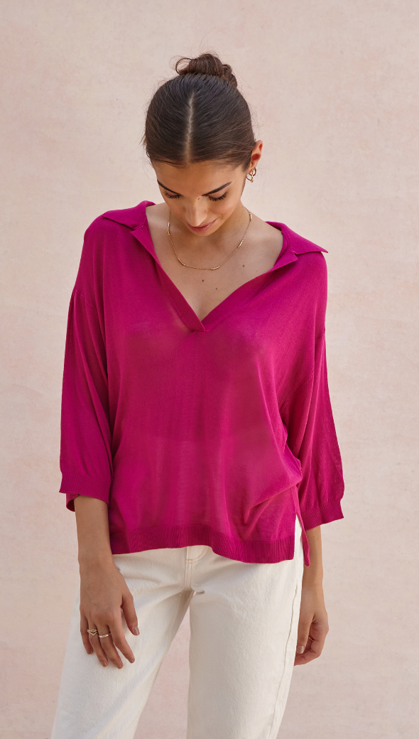 RAMONA KNIT POLO SHIRT - FUCHSIA