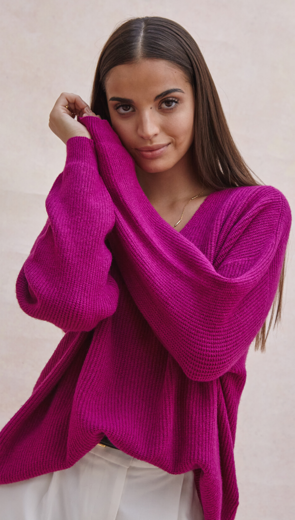 MARLIE V-NECK SWEATER - FUCHSIA