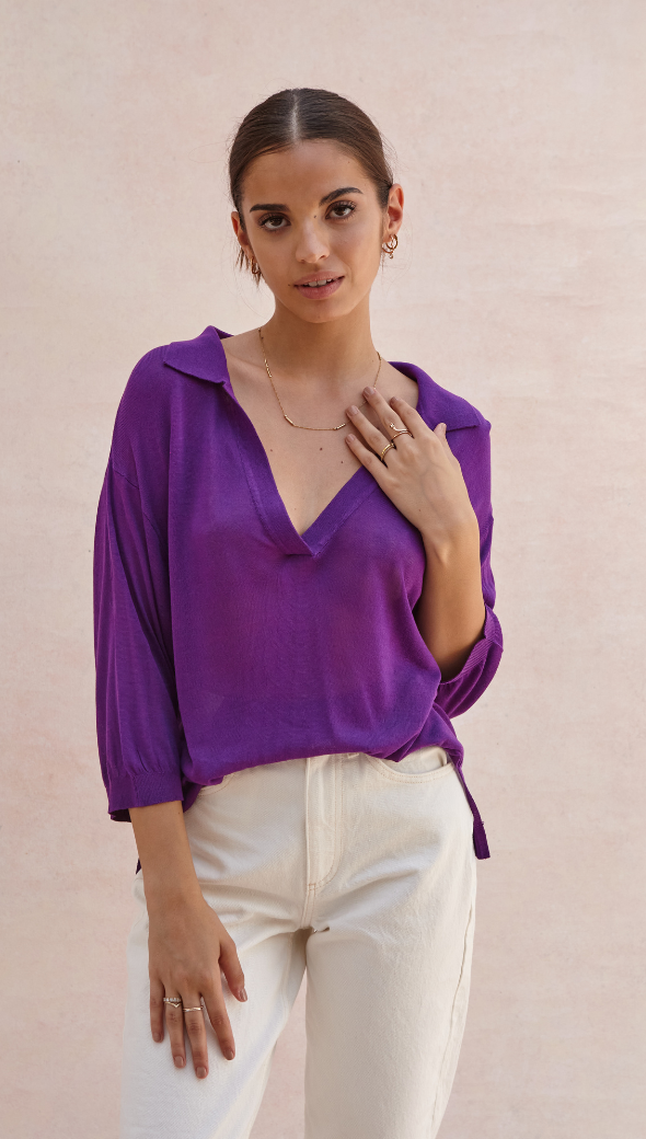 RAMONA KNIT POLO SHIRT - ELECTRIC VIOLET