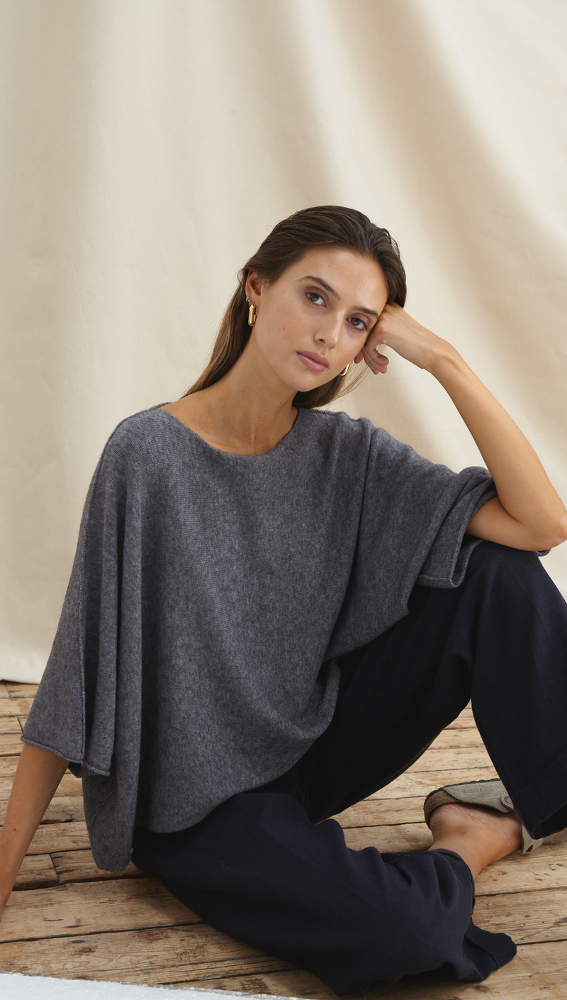 ANA KNITTED TOP - GREY MELANGE