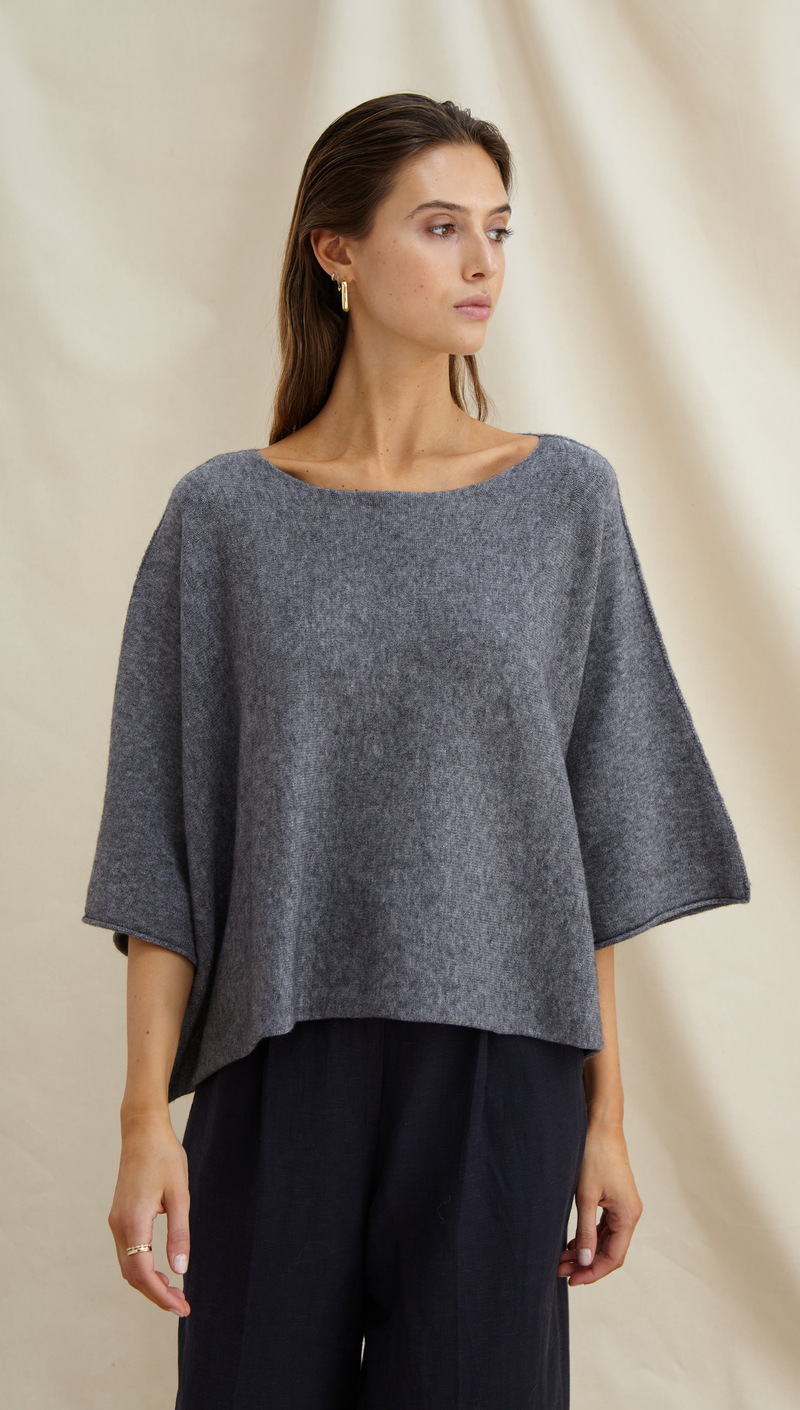 ANA KNITTED TOP - GREY MELANGE