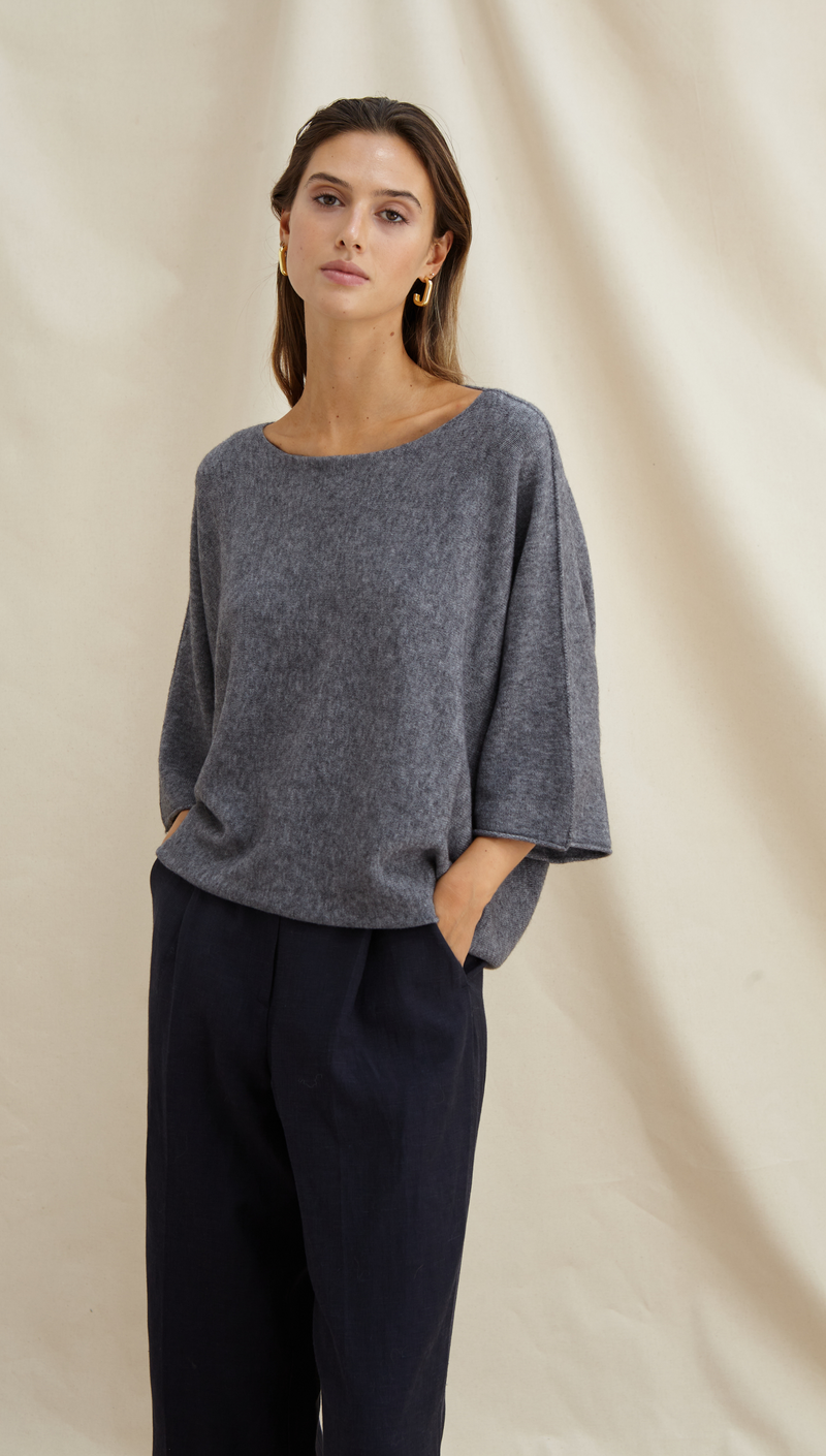 ANA KNITTED TOP - GREY MELANGE