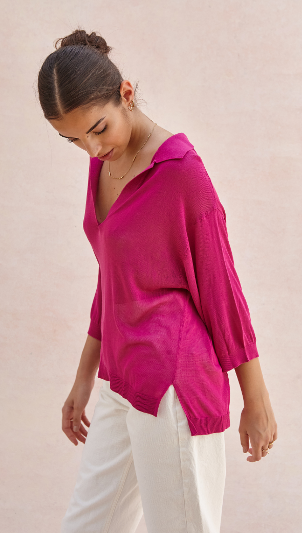 RAMONA KNIT POLO SHIRT - FUCHSIA