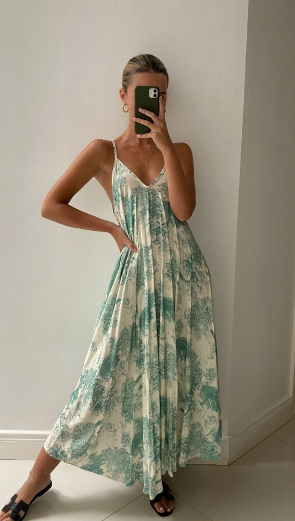 French Toile Dress- Green Print