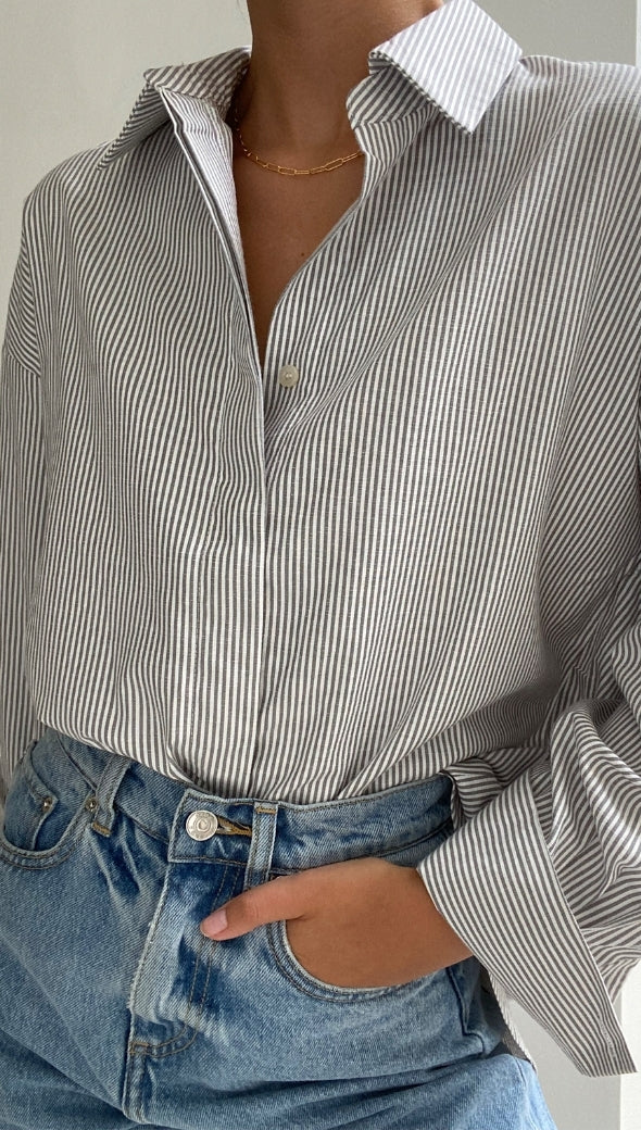 TILA BOYFRIEND SHIRT - GREY STRIPE