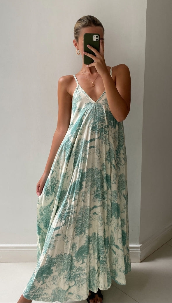 French Toile Dress- Green Print
