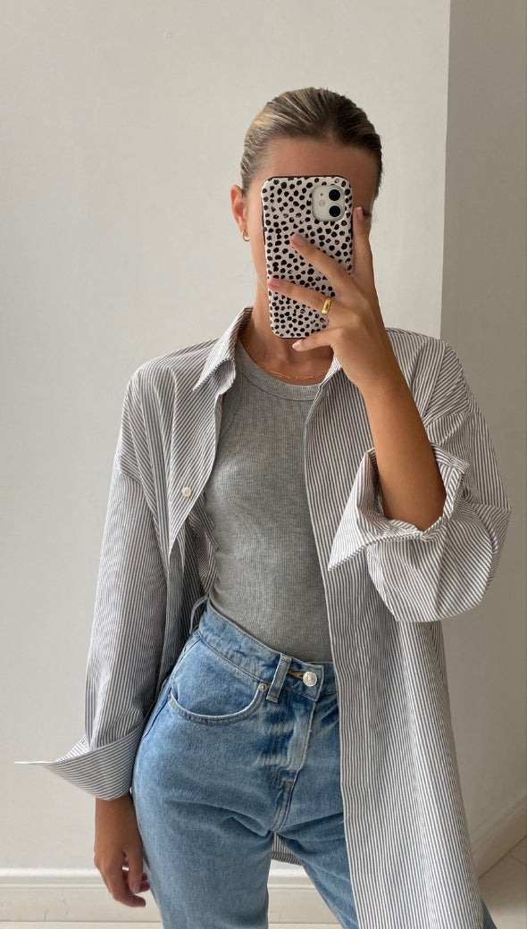 TILA BOYFRIEND SHIRT - GREY STRIPE
