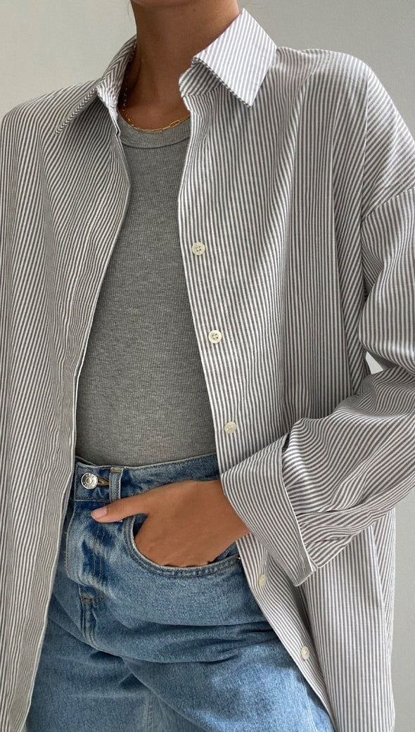 TILA BOYFRIEND SHIRT - GREY STRIPE