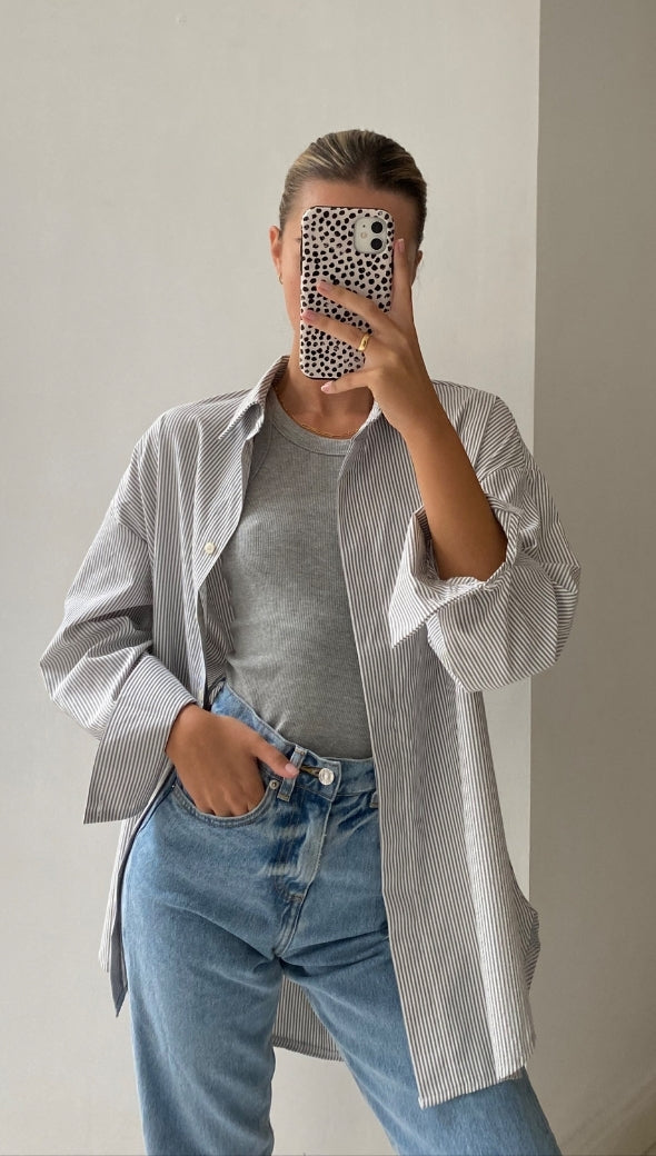 TILA BOYFRIEND SHIRT - GREY STRIPE