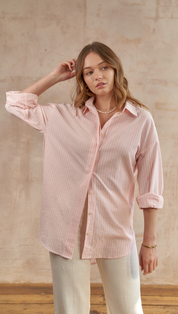 Pink and white striped dress shirt sales