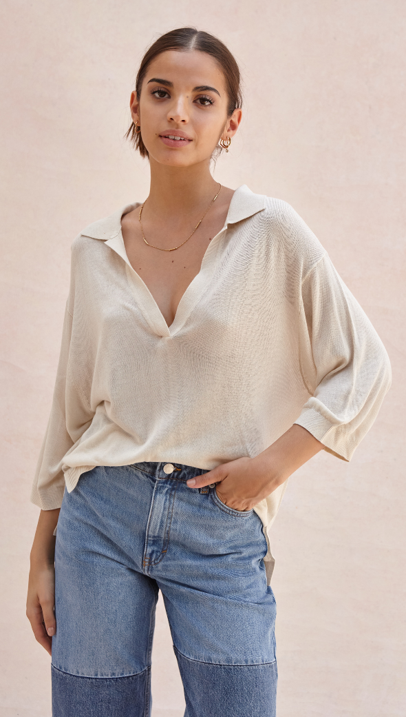 RAMONA KNIT POLO SHIRT - IVORY