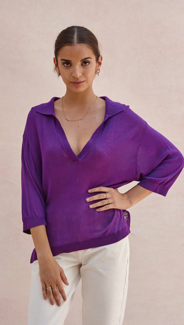 RAMONA KNIT POLO SHIRT - ELECTRIC VIOLET