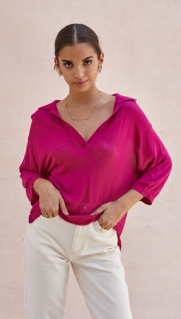 RAMONA KNIT POLO SHIRT - FUCHSIA