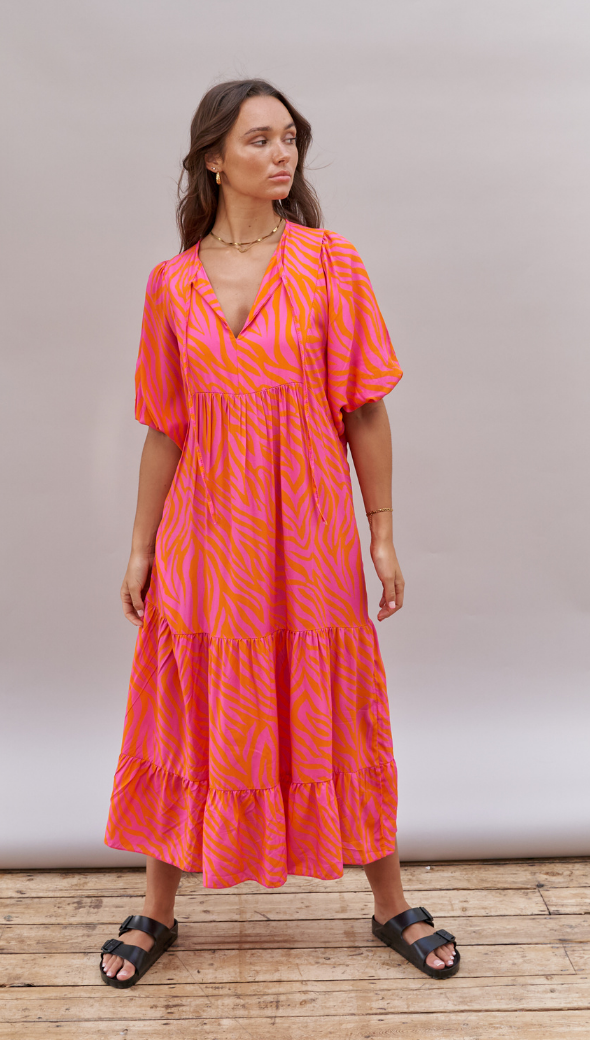 TEAGAN DRESS - PINK ORANGE PRINT