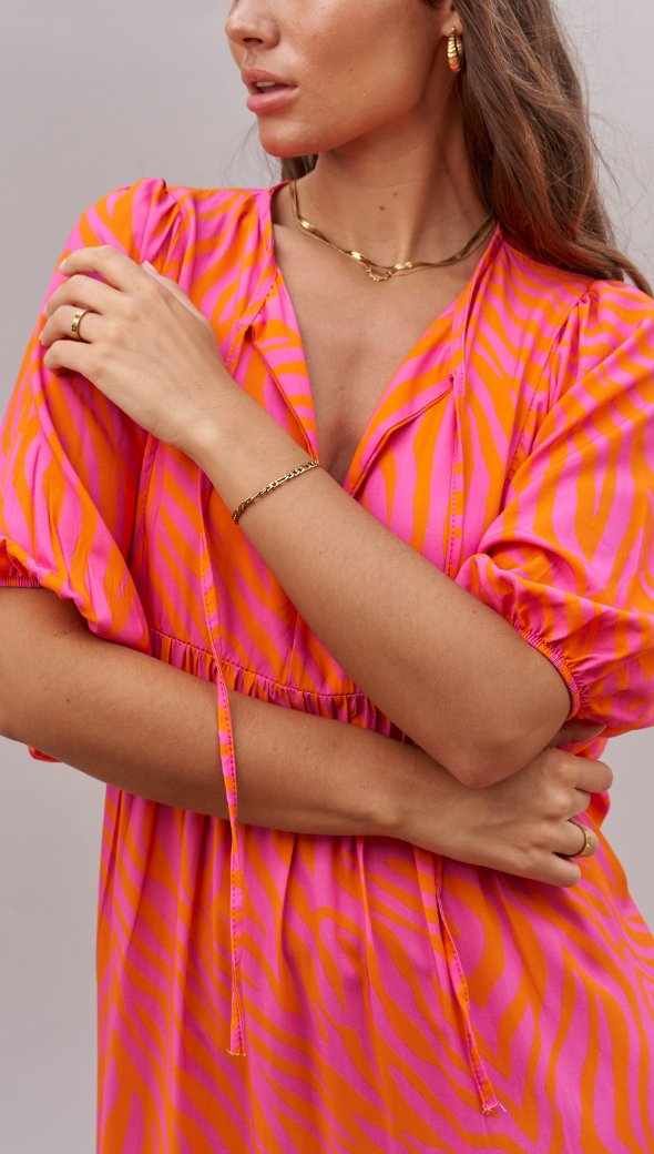 TEAGAN DRESS - PINK ORANGE PRINT