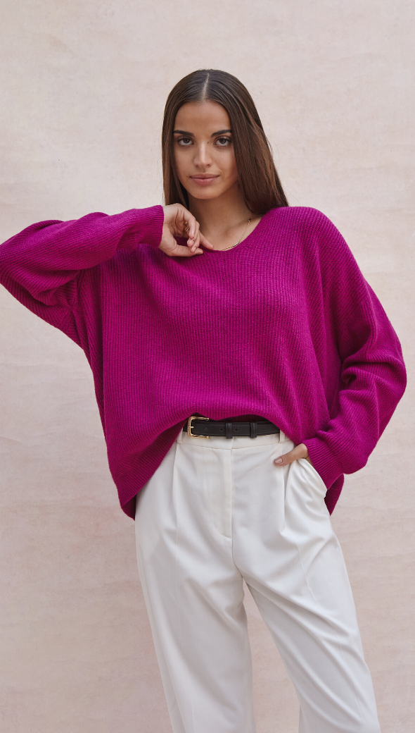 MARLIE V-NECK SWEATER - FUCHSIA