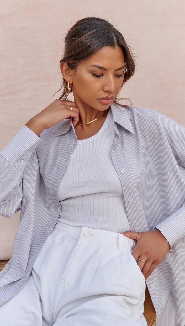 TALIA SHIRT - GREY WITH WHITE STRIPE