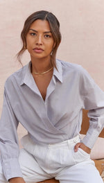 TALIA SHIRT - GREY WITH WHITE STRIPE