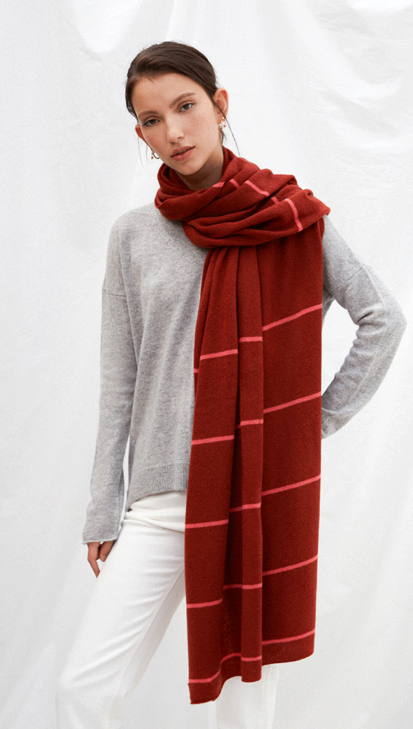 CASHMERE TRAVEL WRAP - RUST + PINK