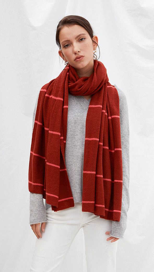 CASHMERE TRAVEL WRAP - RUST + PINK
