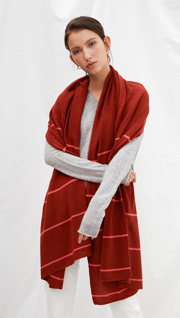 CASHMERE TRAVEL WRAP - RUST + PINK