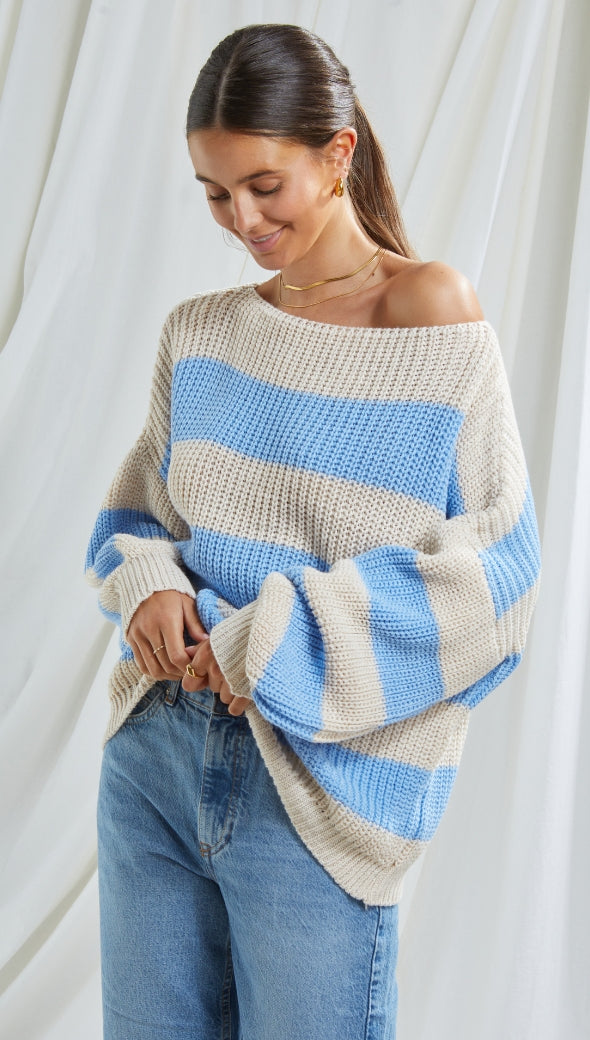CARMEN SWEATER - BEIGE/LIGHT BLUE