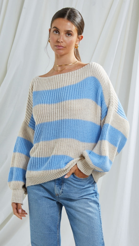 CARMEN SWEATER - BEIGE/LIGHT BLUE