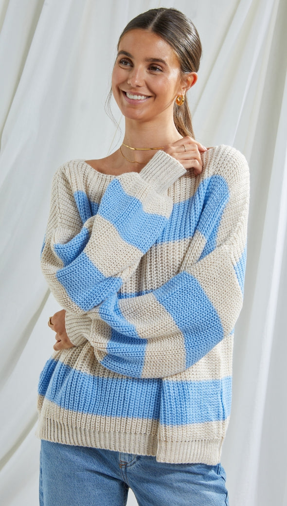 CARMEN SWEATER - BEIGE/LIGHT BLUE